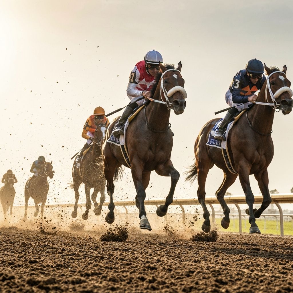 Thoroughbred horses thundering down the stretch at a racetrack